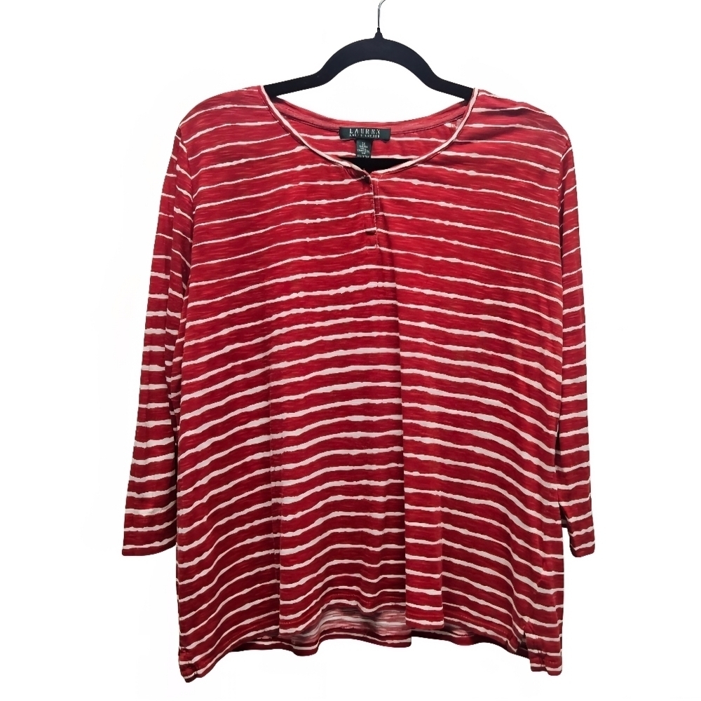 0102 Lauren Ralph Lauren Red Stripe Henley Top Plus Size 1X 3/4 Sleeve Top